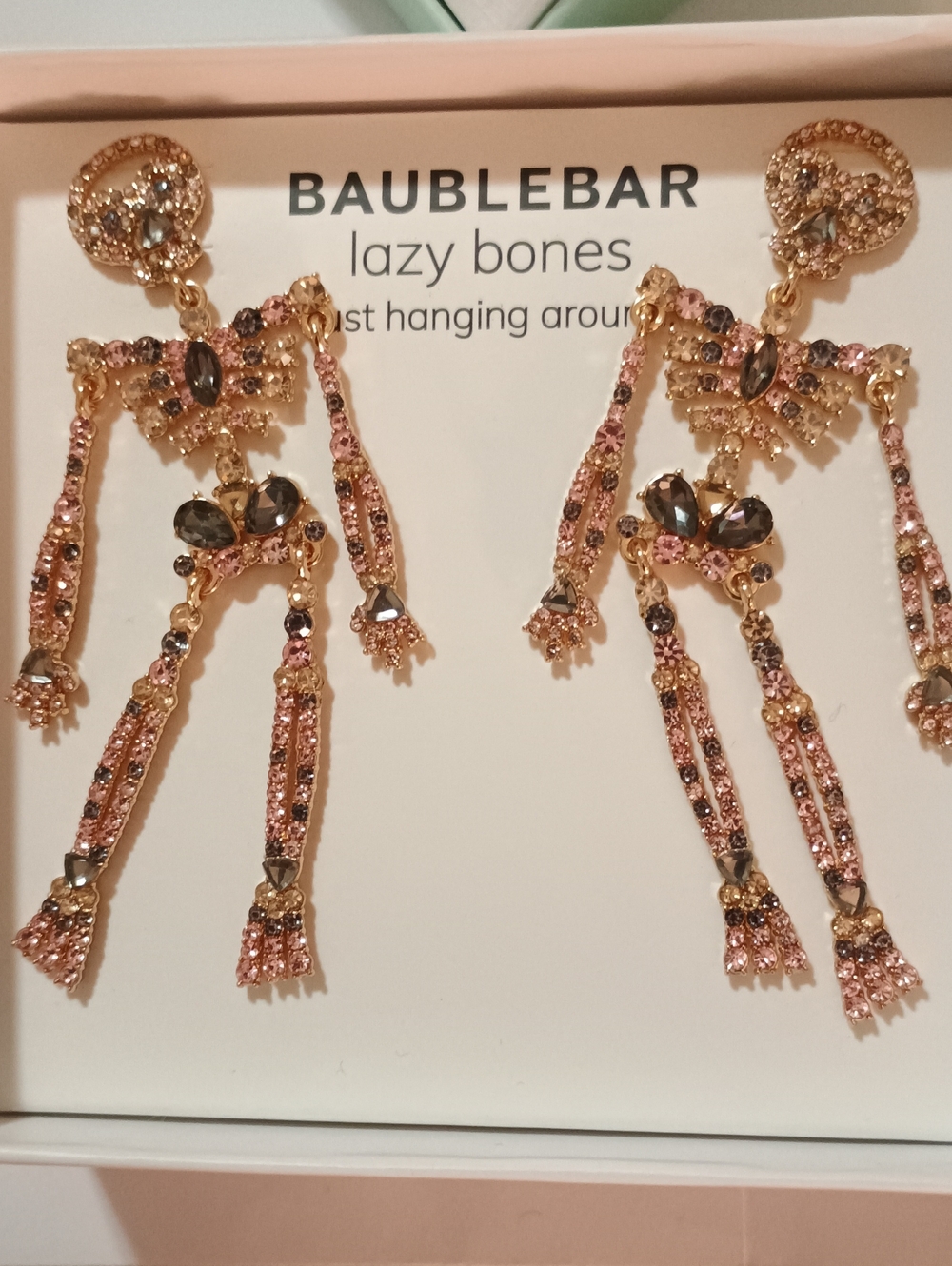 BaubleBar Pink Rhinestone Skeleton Drop Earrings Halloween NIB
